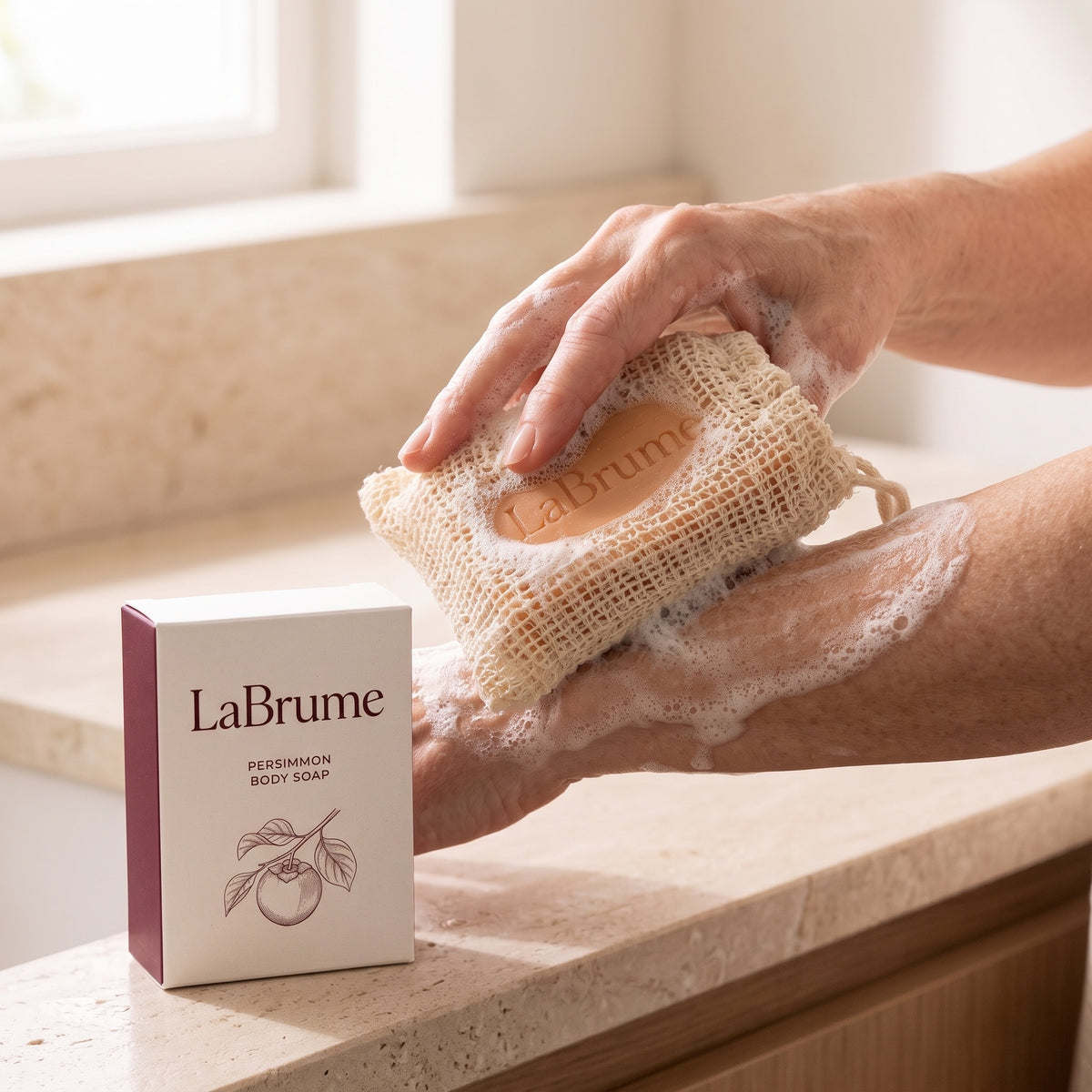 Using the exfoliating soap bag on the arm