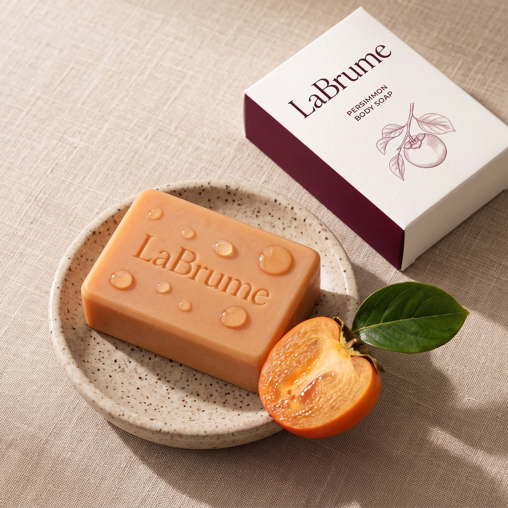 LaBrume persimmon soap bar close-up with fresh persimmon